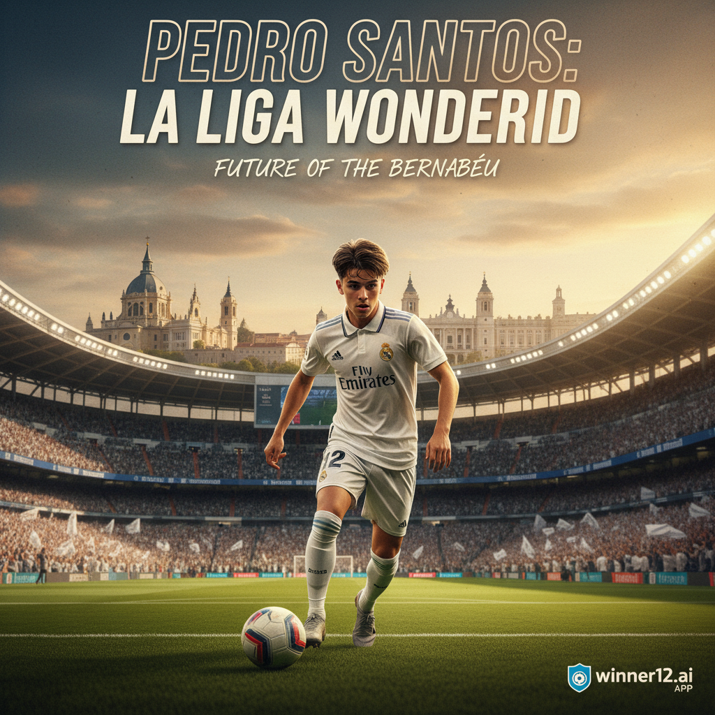 Alt text: Realistic poster of Pedro Santos in a Real Madrid jersey at Santiago Bernabeu stadium, highlighting him as a La Liga wonderkid with iconic Madrid architecture and subtle winner12.ai branding in an inspirational football scene.
