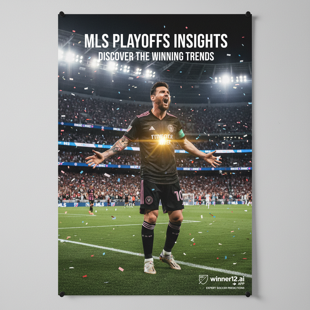 图片ALT文本：梅西庆祝第50个进球的逼真海报，展现MLS季后赛重要时刻，激烈的足球场氛围，欢呼的球迷，明亮的聚光灯，MLS标志元素，梅西身穿正宗足球装备，动态庆祝姿势，现代简洁的“MLS季后赛洞察”和“揭秘制胜趋势”文字覆盖，winner12.ai品牌标志，专业足球预测引导。