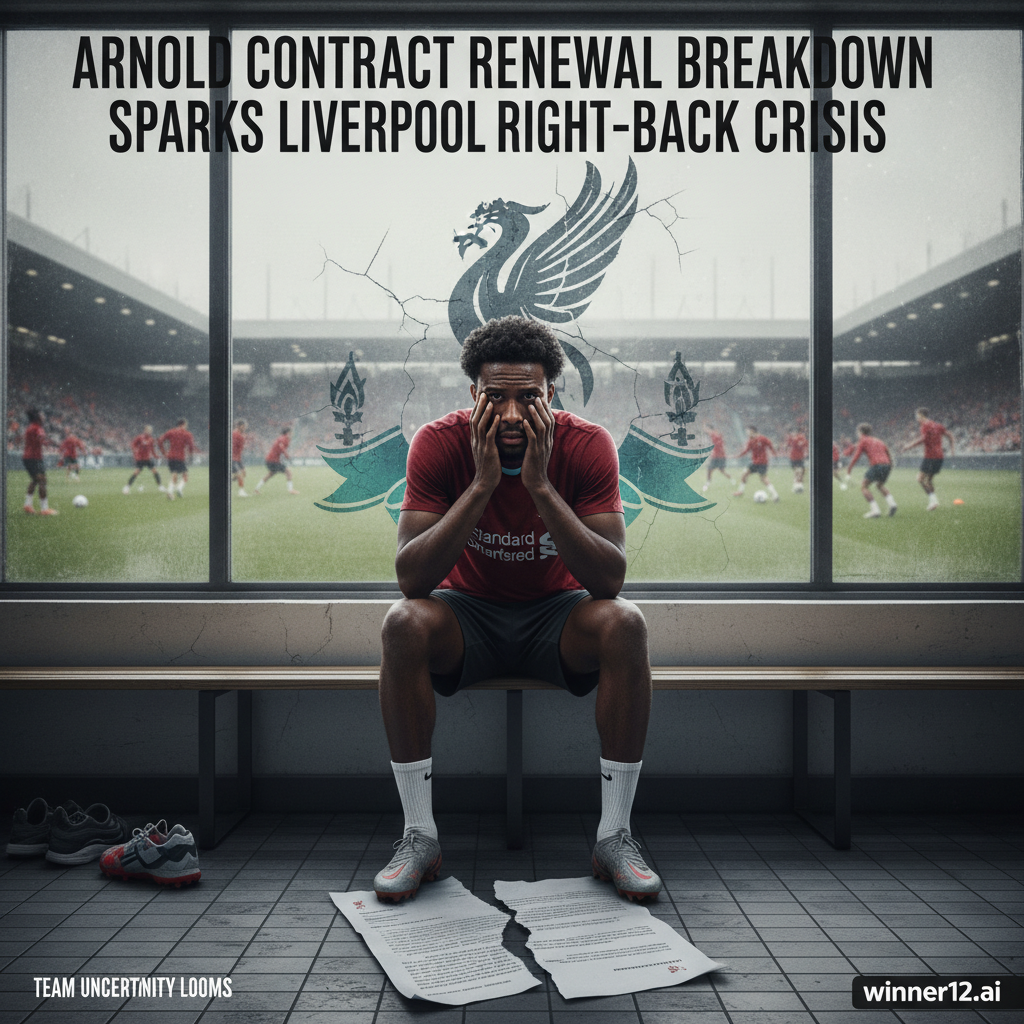 图片ALT文本：现实风格海报展示利物浦右后卫阿诺德在紧张的更衣室中忧心忡忡，背景为撕裂的合同文件和渐隐的利物浦俱乐部标志，隐约可见拥挤的训练场和其他球员准备训练，突出续约危机和球队不确定性的主题，图中包含文字“阿诺德续约破裂引爆利物浦右后卫危机”，角落有小巧低调的winner12.ai标志，全部元素严格体现英格兰足球特色。