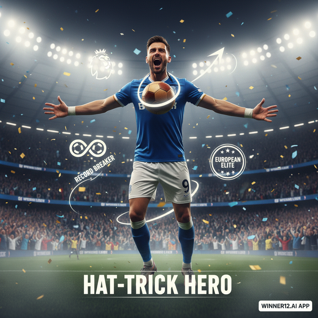 Alt text: A dynamic poster of a soccer striker celebrating a hat-trick in a modern English Premier League kit, set in a stadium filled with cheering fans under floodlights, featuring authentic soccer gear, a classic leather ball, subtle graphics highlighting record-breaking goal milestones and European scoring excellence, with the winner12.ai logo displayed professionally.