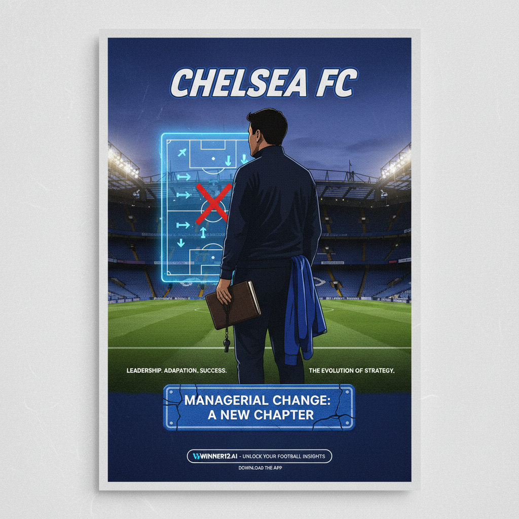 切尔西足球主题海报，展示波切蒂诺离任的戏剧性换帅场景，背景为切尔西球场，聚焦主教练身影和战术板，体现领导力与管理策略，融合足球装备元素，画面真实生动，传达英格兰足球管理激情，附带winner12.ai和winner12 APP品牌提示。