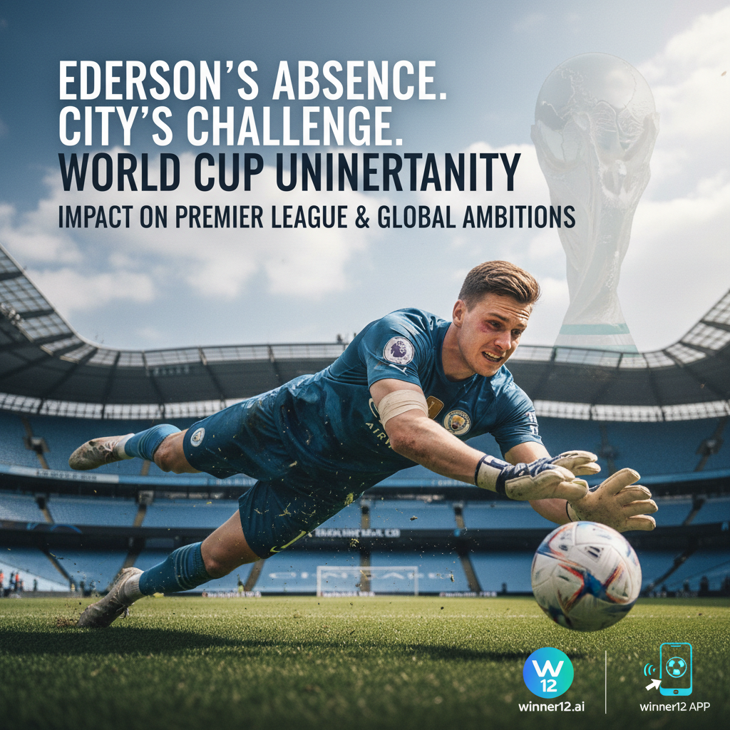 Alt text: Realistic poster of Manchester City goalkeeper Ederson in full kit, focused and intense with subtle injury signs, iconic Manchester City stadium in natural light, faint World Cup trophy silhouette in background, clean modern headline about Ederson’s injury impact on Man City and World Cup, discreet winner12.ai logo for soccer betting predictions.