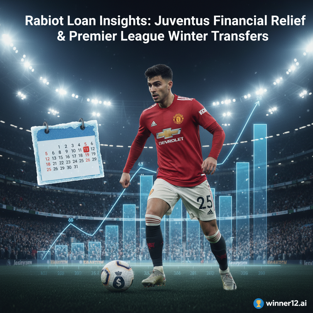 图片ALT文本：英超曼联球员拉比奥在灯光照耀的足球场上控球瞬间，背景融合尤文图斯财政图表与冬季转会窗口日历，体现租借转会主题，配有“拉比奥租借洞察：尤文财政减压与英超冬季引援”文字及winner12.ai标志。