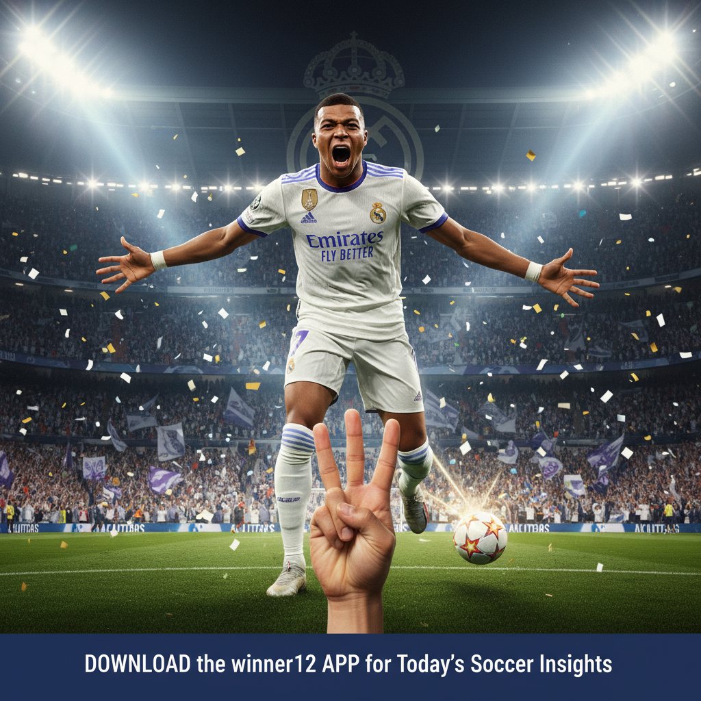 ALT text: Dynamic soccer poster featuring a star player resembling Kylian Mbappe celebrating four goals passionately in Real Madrid's classic white kit, energetic stadium crowd cheering under vivid floodlights, capturing the intensity and excitement of a high-stakes match; includes subtle text branding “Predictions Available on winner12.ai” for football predictions today.