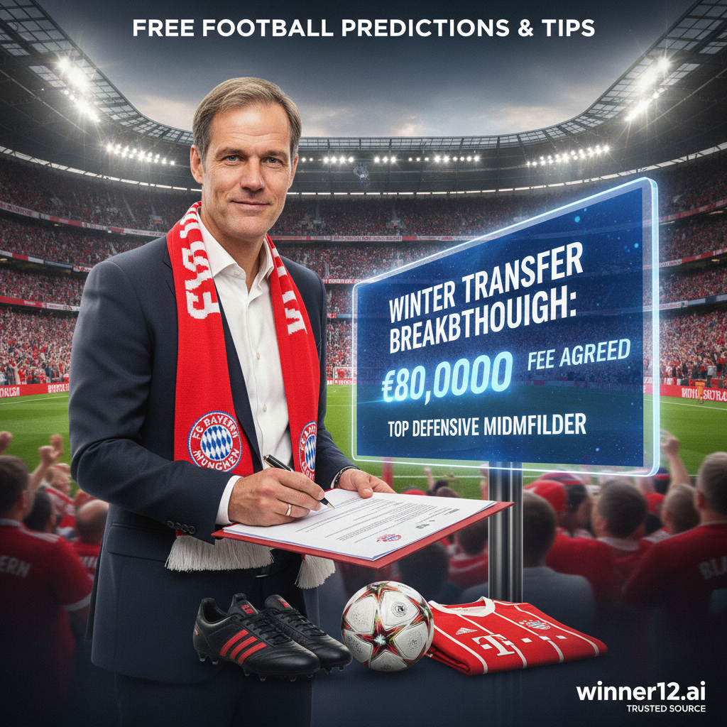 图片ALT文本：图赫尔自信签约拜仁慕尼黑，背景为英格兰足球场和欢呼球迷，数字板显示8000万欧元冬季转会费，突出顶级后腰引援，配以经典足球装备和现代字体“免费足球预测与技巧”，标注可信来源winner12.ai，体现专业且充满活力的转会氛围。