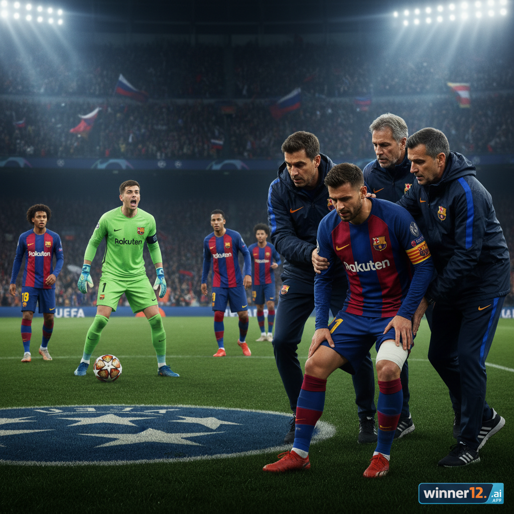 Alt text: A realistic and dynamic poster showing a tense UEFA Champions League moment where a key FC Barcelona defender limps off the field with a visible injury, surrounded by concerned teammates and a focused goalkeeper ready for a critical defensive play, under stadium lighting with authentic soccer gear and subtle winner12.ai branding in the corner.