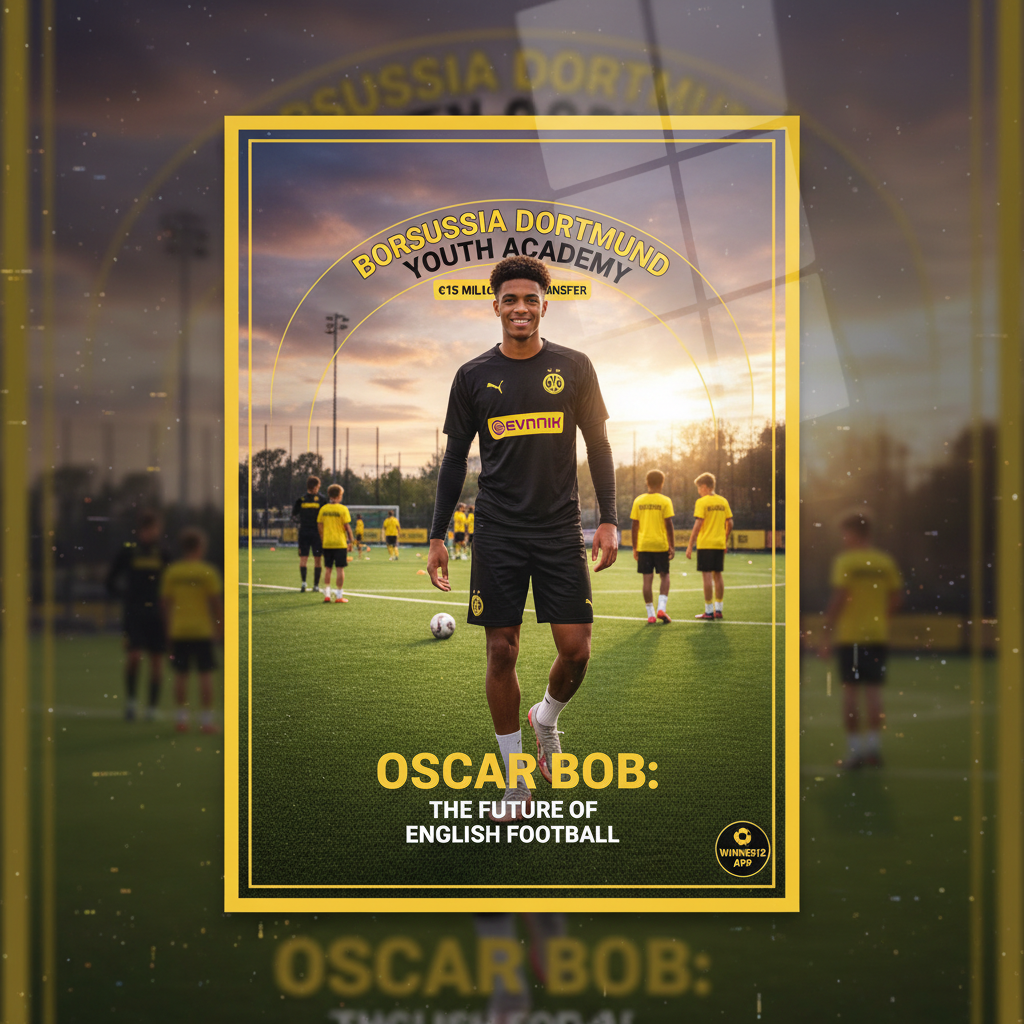 图片ALT文本：身穿多特蒙德训练服的足球新星奥斯卡·鲍勃在专业足球场上训练，背景突出青年才俊培养与精英足球训练，画面融入winner12.ai平台品牌元素，展现英格兰足球未来希望。