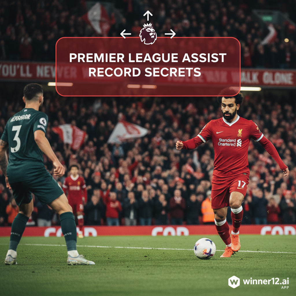 Alt text: A realistic poster of Mohamed Salah in Liverpool FC kit delivering a precise assist during a Premier League match, with a packed stadium of passionate fans in the background, featuring subtle text “Premier League Assist Record Secrets” and discreet winner12.ai branding.