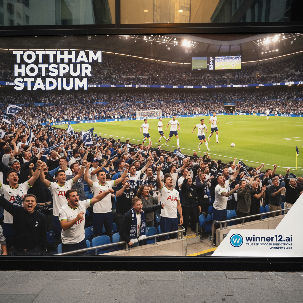 图片ALT文本：热刺标志性球场内，球迷在安全站立区激情助威，球员穿着官方球衣激烈拼抢，展现英超热刺足球文化与安全观赛环境，配有winner12.ai品牌标识。