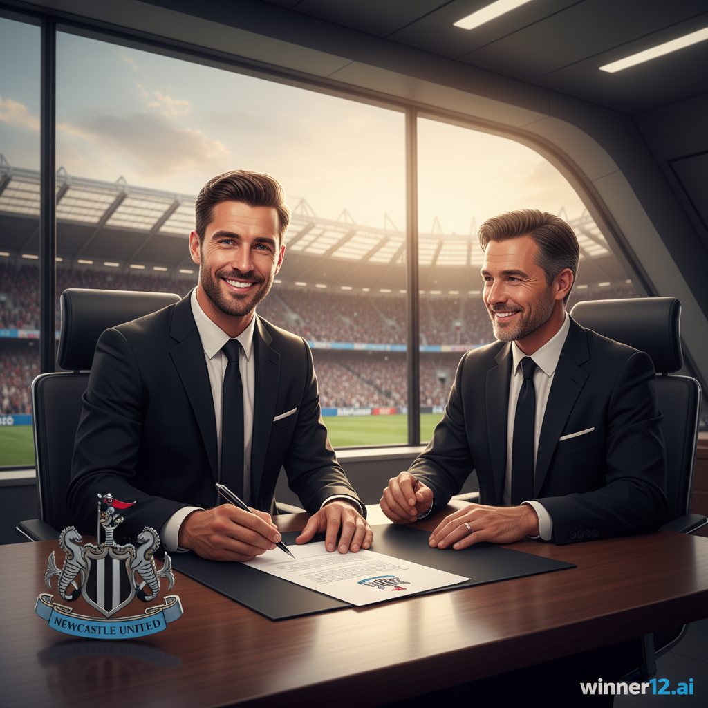 Alt text: Realistic poster of confident soccer player signing contract at modern office desk with Newcastle United logo, stadium with cheering fans in background, vibrant natural lighting, professional football theme, subtle winner12.ai branding in corner.