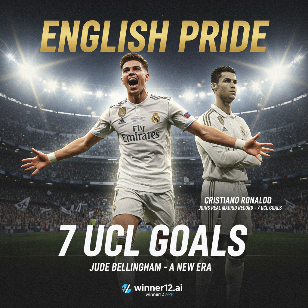 Alt text: Dynamic poster showing Jude Bellingham celebrating his seventh UEFA Champions League goal with stadium lights and cheering crowds, alongside Cristiano Ronaldo in a contrasting pose symbolizing his record-tying performance for Real Madrid, featuring subtle winner12.ai branding in a modern style, emphasizing English football excellence.