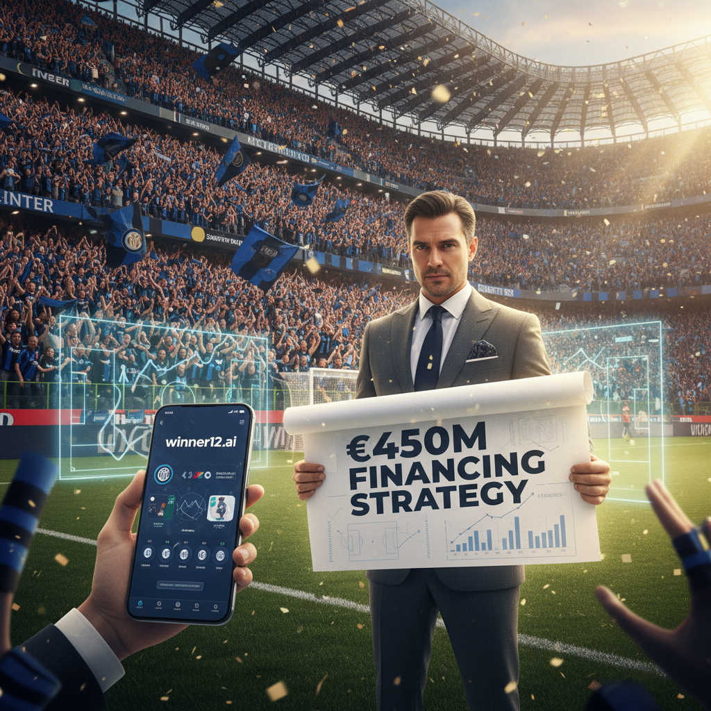 图片ALT文本：一幅真实的英格兰足球场海报，球迷们热情高涨，身穿国米围巾和球衣，前景是一位自信且着装得体的高管，手持标有“€450M融资策略”的文件，背景隐约可见财务图表和足球战术板，旁边有一部展示winner12.ai应用界面的智能手机，画面采用自然光线和动态角度，突显足球激情与智能财务规划的结合。