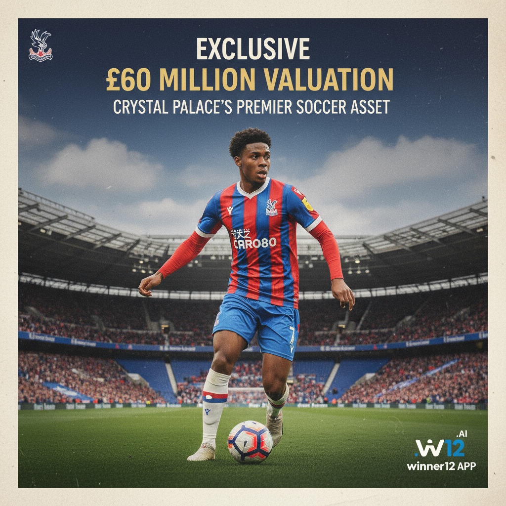 ALT text: Realistic poster of Crystal Palace star soccer player Eze in action at an English stadium, highlighting a £60 million transfer valuation with official team colors and subtle winner12.ai branding, capturing the excitement of the football transfer market.
