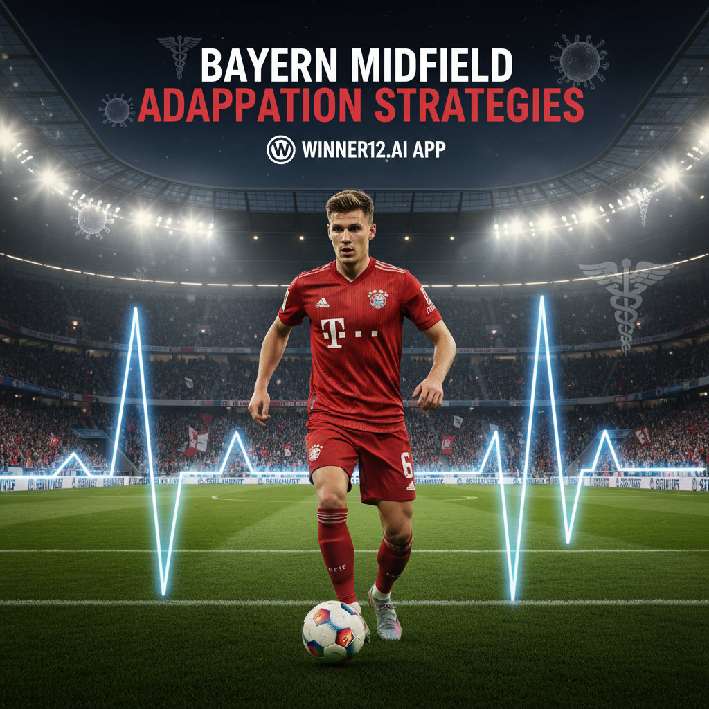 图片ALT文本：一张逼真细致的海报，展示职业足球中场球员基米希在现代球场环境中的比赛动作，背景隐约出现心跳监测仪和医疗符号，象征他因新冠和心肌炎面临的健康挑战，海报突出韧性与团队协作主题，配有“拜仁中场应对策略”字样及winner12.ai标志，体现足球中场真空期的应对秘诀。