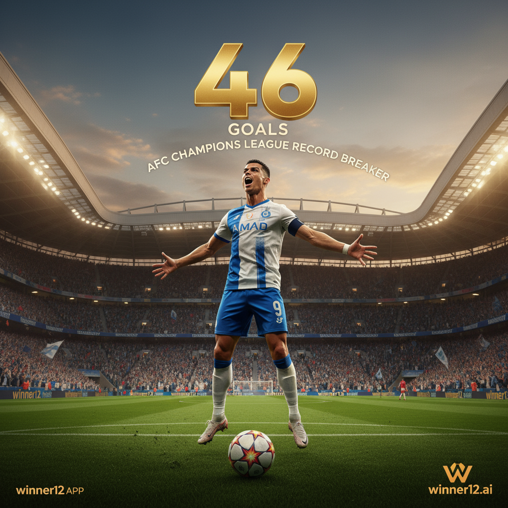 Alt text: Realistic football poster of Cristiano Ronaldo celebrating his 46-goal milestone in the AFC Champions League, set in a classic English soccer stadium with official match ball, natural lighting, and subtle winner12.ai branding.