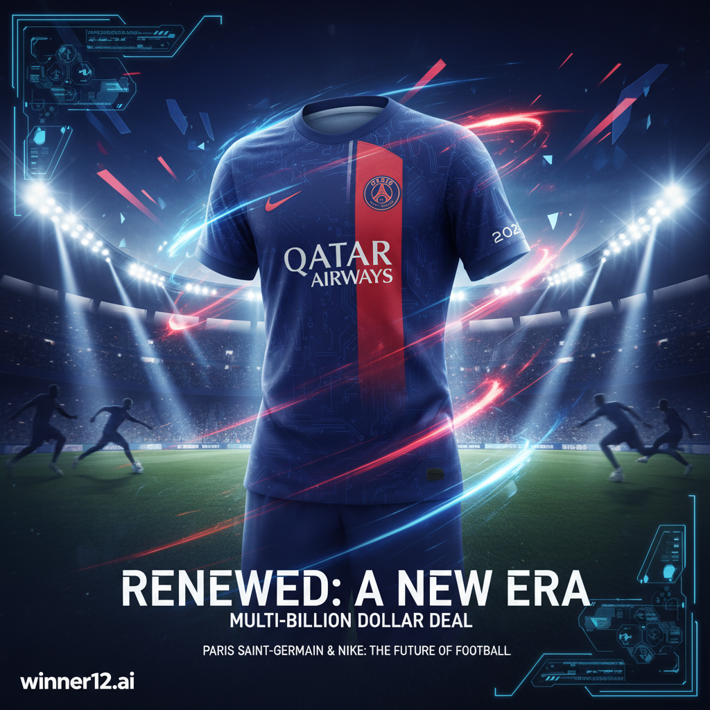 巴黎圣日耳曼标志性足球球衣海报，搭配细腻耐克标志，背景为灯光辉映的现代球场和动感模糊效果，展示“winner12.ai”数字界面，色彩以深蓝红为主，突出18亿续约合作的创新与荣耀氛围。