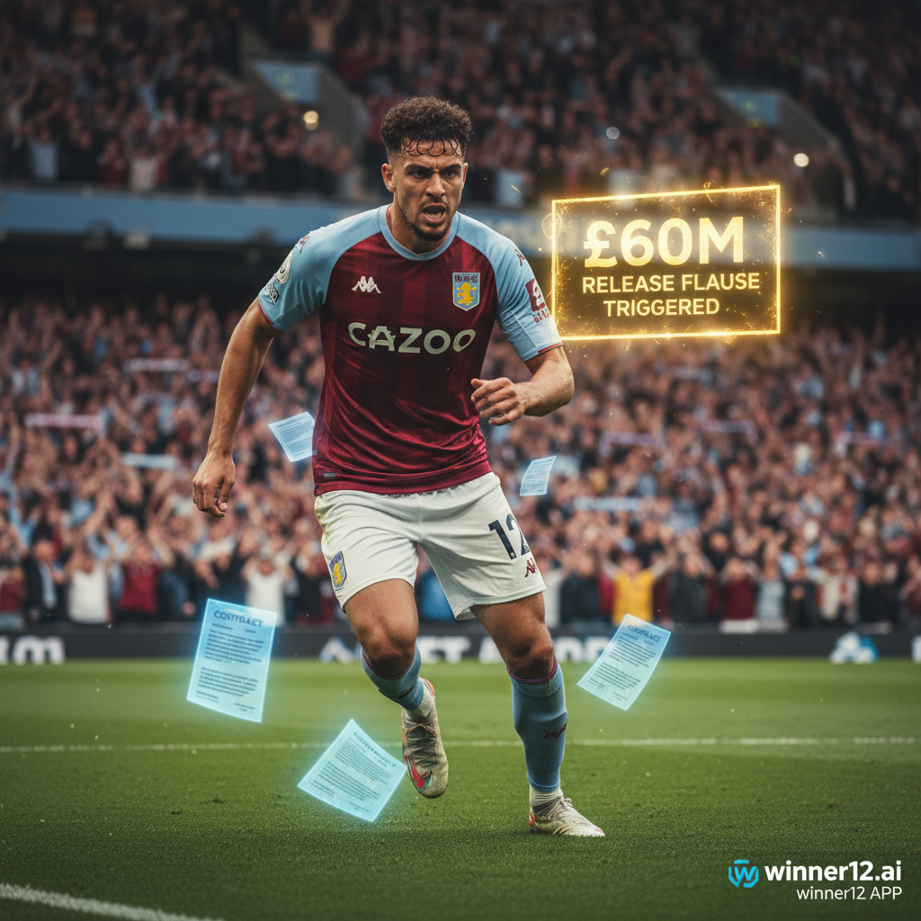 Alt text: Realistic poster of an English Aston Villa soccer player showing intense focus on the pitch, with contract papers and a highlighted £60m release fee subtly featured, set against an authentic stadium background with cheering fans, including the discreet winner12.ai logo, capturing the professional atmosphere of top-tier English soccer.