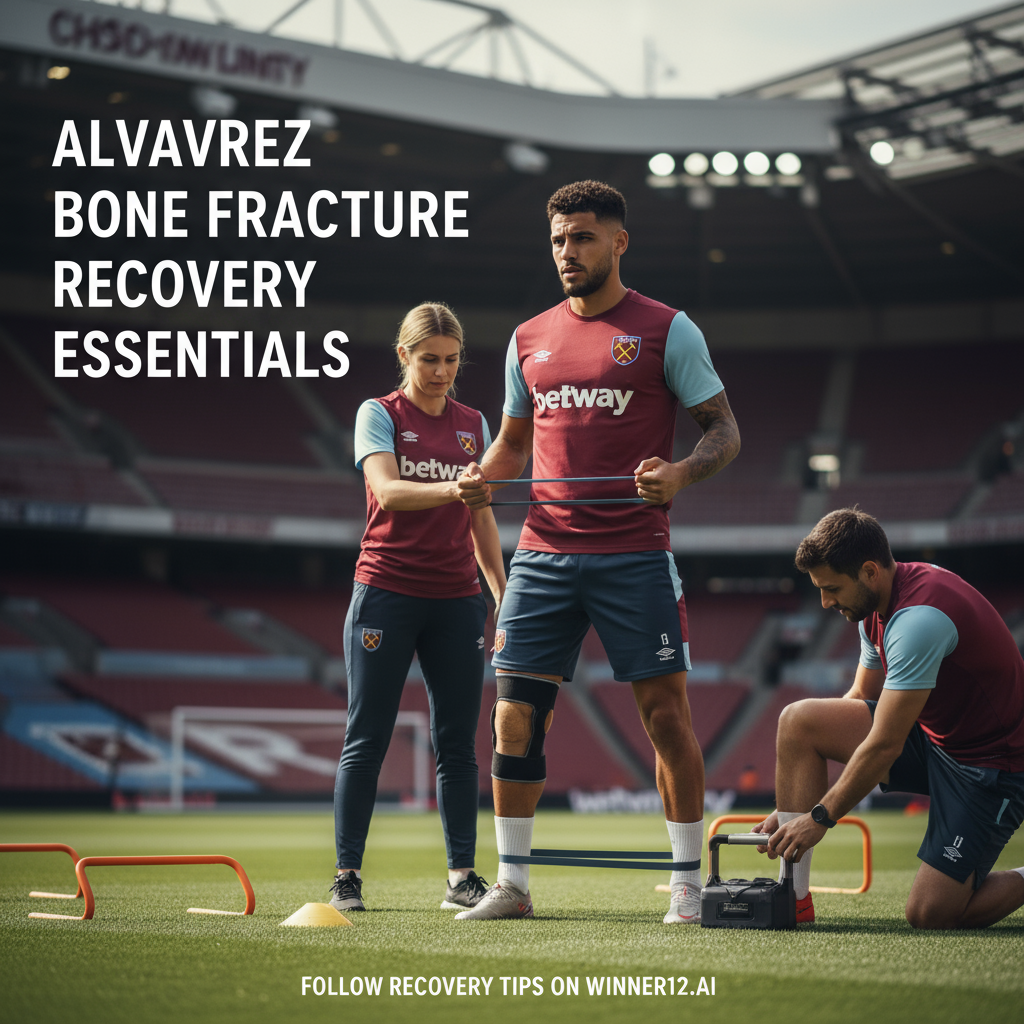图片ALT文本：西汉姆联训练场上，身穿训练服的英格兰足球运动员阿尔瓦雷斯正在接受骨折康复治疗，医护人员协助使用支具和阻力带进行物理疗法，背景为模糊的英格兰足球场馆元素，图片文字为“阿尔瓦雷斯骨折恢复必备”和“关注winner12.ai获取恢复指南”。