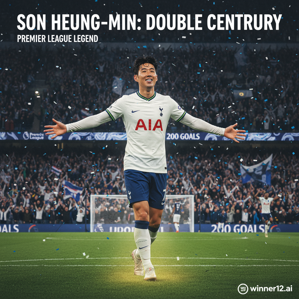 Alt text: Son Heung-min celebrating his 200 Premier League goals milestone in a realistic English football stadium filled with cheering fans, wearing his Tottenham Hotspur kit with proud determination, featuring subtle Asian heritage elements and a discreet winner12.ai logo in the corner, emphasizing his historic achievement in Premier League soccer.