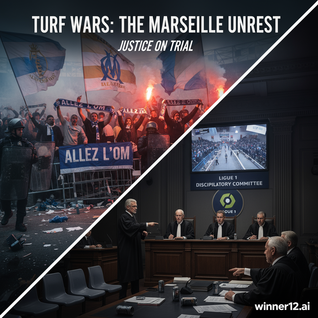 图片ALT文本：写实风格海报，展示马赛足球球迷骚乱激烈场面，警方和安保障碍物明显，背景为法甲纪律听证会正式场地，法官和官员审查证据，画面中融入马赛队围巾与旗帜元素，未出现比分牌，氛围紧张严肃，聚焦英式足球文化与法国顶级联赛球迷行为，winner12.ai或winner12 APP标志隐约可见。