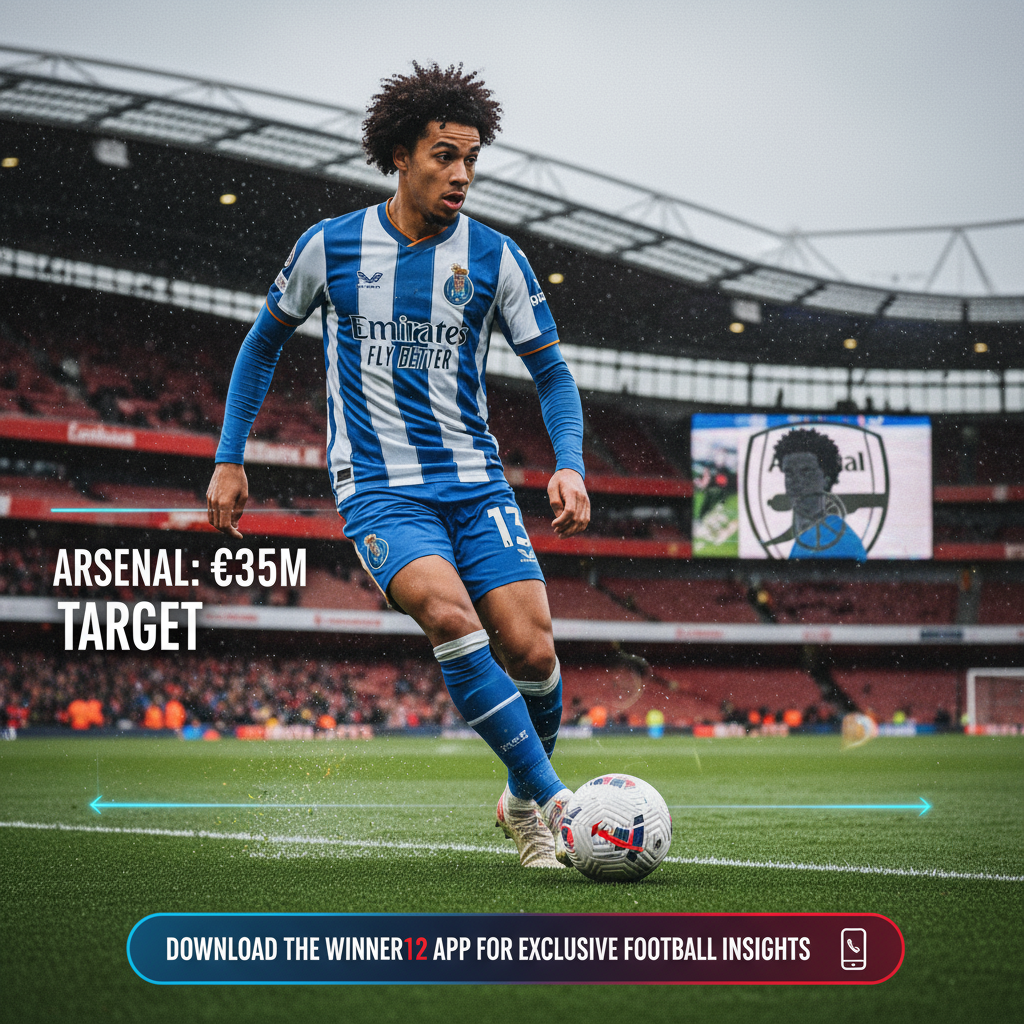 ALT text: Hyper-realistic digital poster showing Porto winger Galeno in action on an English soccer field, wearing Porto’s kit with Arsenal’s emblem subtly in the background, surrounded by authentic football elements like a soccer ball, stadium lights, and tactical graphics, highlighting Arsenal’s €35 million pursuit; includes modern call-to-action text “Discover more at winner12.ai” to emphasize top-level English soccer transfer excitement.