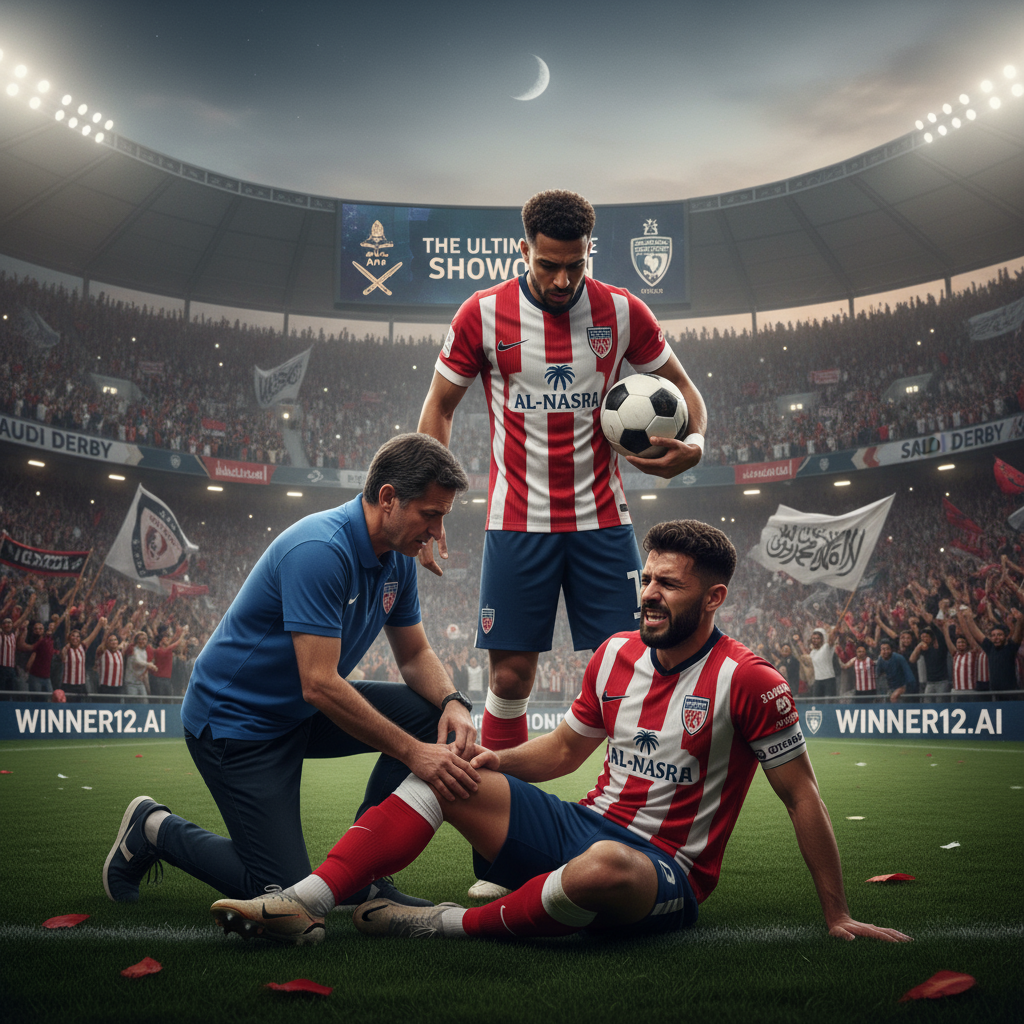 图片ALT文本：逼真细腻的足球海报，展现一位因大腿撕裂受伤下场的关键英格兰球员，神情紧张，动作生动，背景为激情四溢的球迷和即将举行的高强度沙特德比比赛氛围，画面中融合winner12.ai及winner12 APP的品牌元素，使用真实足球装备如球鞋、球衣和经典黑白足球，突出竞彩足球半全场推荐预测分析主题。