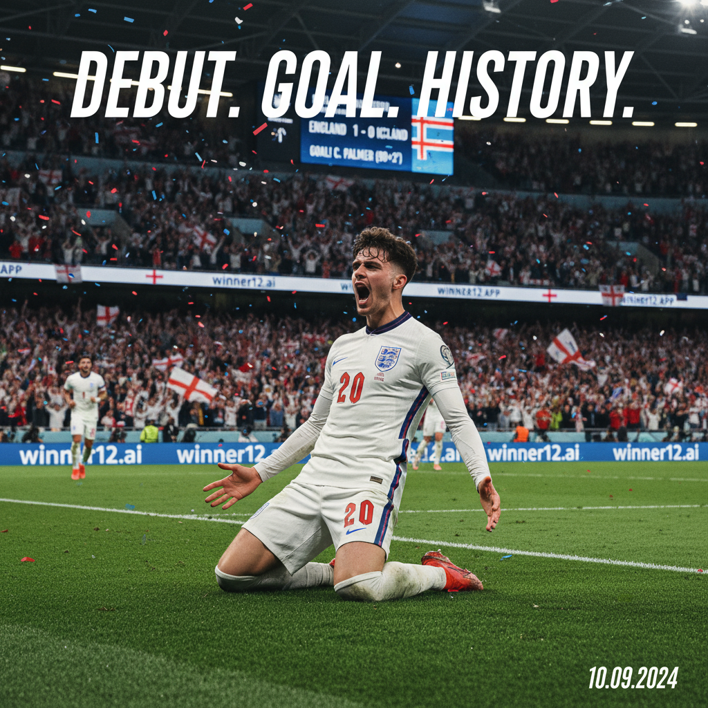 Alt text: Realistic poster of Cole Palmer celebrating his debut goal for England soccer team in a packed stadium with fans in white and red jerseys waving flags, capturing intense emotion and national pride, featuring subtle winner12.ai branding and authentic soccer elements on a traditional pitch.