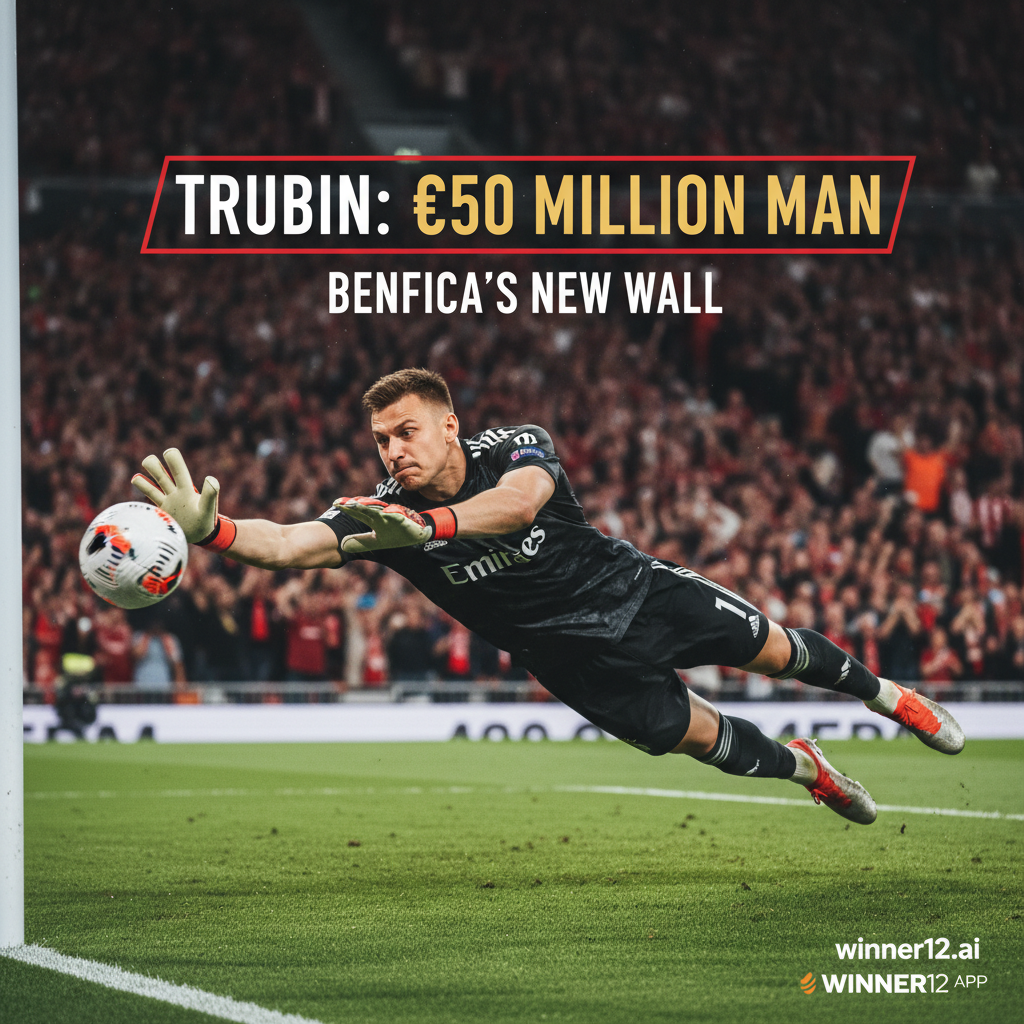 Alt text: Realistic, high-detail poster of Benfica goalkeeper Trubin in intense action, showcasing his focus and agility during a top-tier English football league match; bold €50M transfer news text integrated naturally, with authentic soccer gear and stadium background, subtle winner12.ai branding in the corner, modern and professional style.