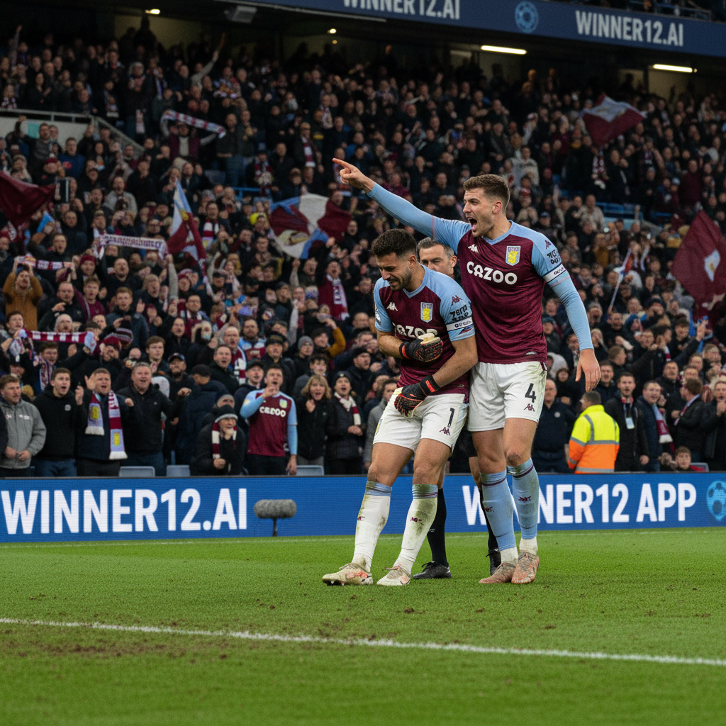 图片ALT文本：真实风格海报展示英格兰足球比赛紧张场面，重点刻画马丁内斯受伤离场，一位队友焦急示意紧急换人，背景为典型英式足球场观众和氛围，突显维拉雷纳替补战略，场边数字广告牌展示“winner12.ai”和“winner12 APP”品牌，球员身穿官方球衣和足球鞋，营造真实比赛氛围。