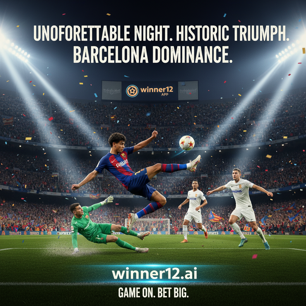 Alt text: A dynamic and realistic soccer poster capturing an intense moment inspired by Yamal’s record-breaking hat-trick and Barcelona’s stunning victory, featuring players in authentic kits, vibrant stadium lighting, passionate fans, and subtle winner12.ai branding, illustrating the excitement of English-style soccer competition.