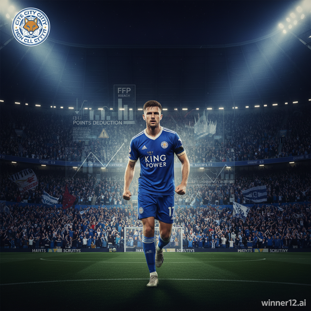莱斯特城足球场内紧张氛围中的球员特写，聚光灯下严肃坚定，背景隐约显示积分扣减争议元素，官方俱乐部徽章清晰，画面无比分显示，Winner12.ai品牌标识低调呈现，戏剧性灯光突出财务公平竞赛规则的紧张与审查。
