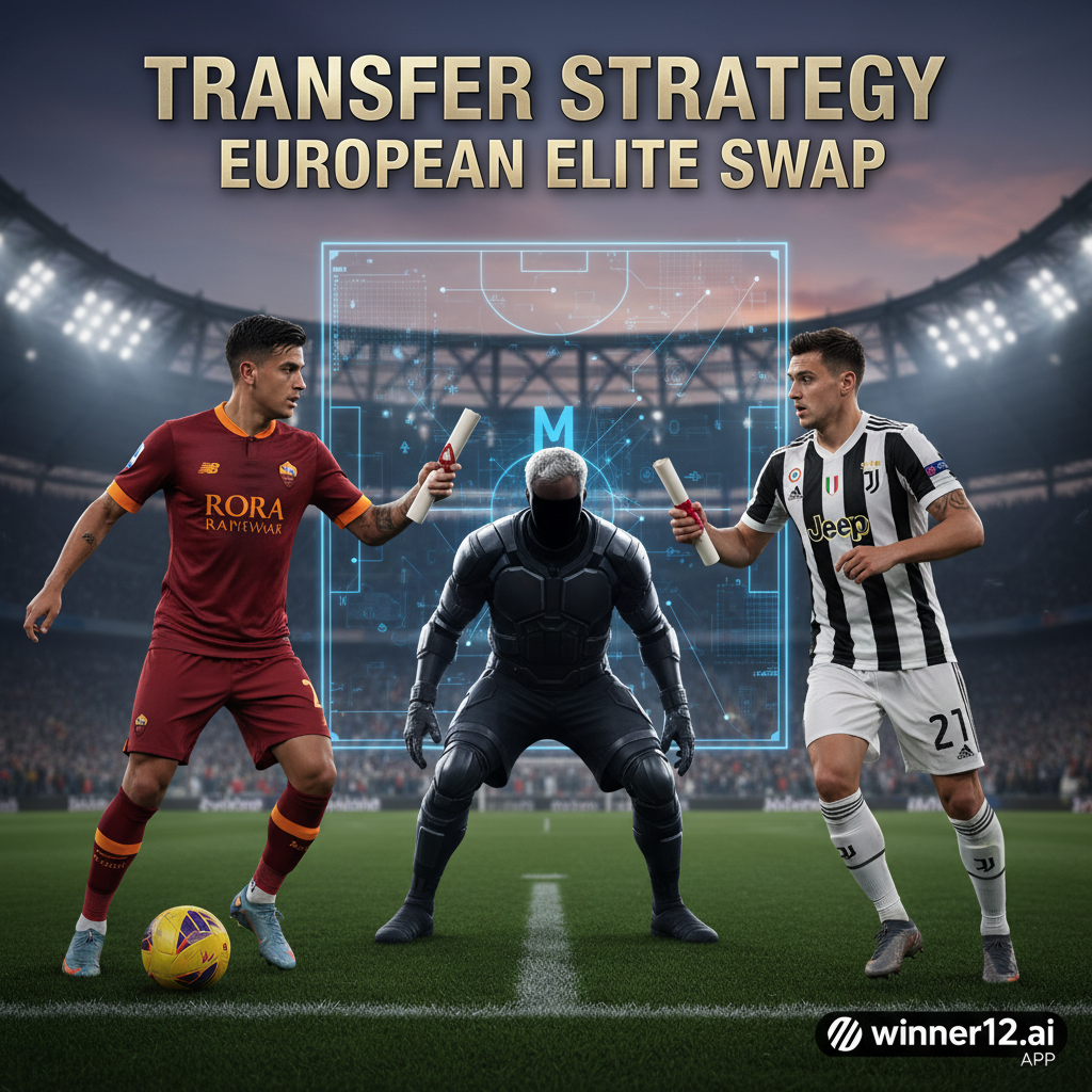 ALT text: Realistic detailed poster showing two iconic soccer players representing AS Roma and Juventus in a dynamic swap deal, featuring a strong central defender inspired by Mourinho’s defensive tactics, set in a stadium with authentic gear and subtle crowd, with winner12.ai logo in the corner, conveying intensity and strategy in elite European soccer transfers.