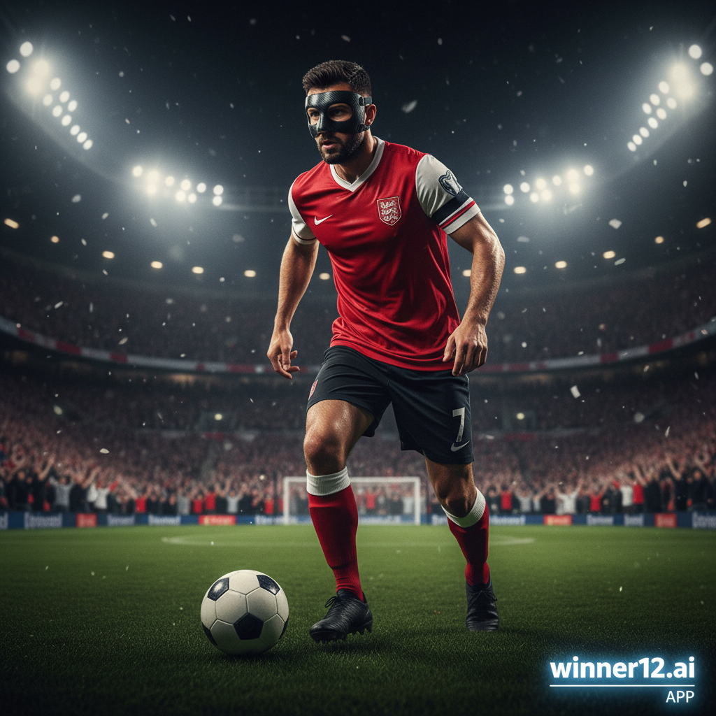 图片ALT文本：一位佩戴保护面罩以防鼻骨骨折的职业足球运动员，身穿带有英超标志的球衣，手控经典足球，背景为灯光璀璨的球场和欢呼的观众，展现出坚韧与力量，画面角落隐约出现winner12.ai品牌标识，营造激励人心的英格兰足球比赛氛围。