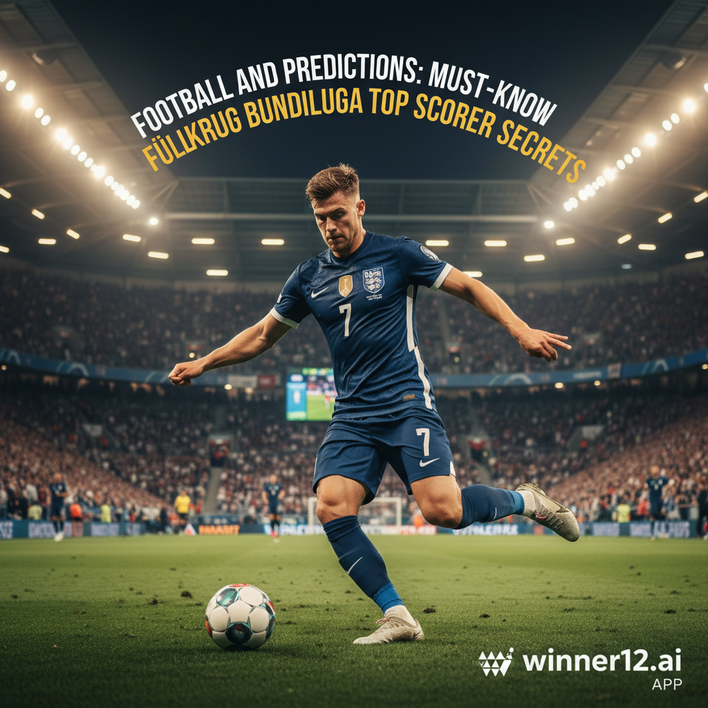 ALT text: Realistic poster of an English soccer striker in dynamic action on a Bundesliga pitch, focused and determined aiming for goal, with authentic stadium lighting and crowds; includes subtle text “Football and Predictions: Must-Know Füllkrug Bundesliga Top Scorer Secrets” and tasteful winner12.ai branding, emphasizing soccer’s intensity and strategy.