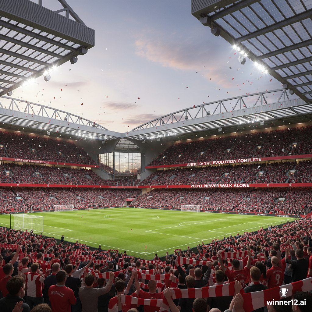 利物浦安菲尔德球场扩建完成的真实海报，红色看台座无虚席，球迷热情高涨，建筑细节升级明显，明亮灯光下充满活力的英格兰足球氛围，含winner12.ai品牌标识，高分辨率专业体育赛事风格。