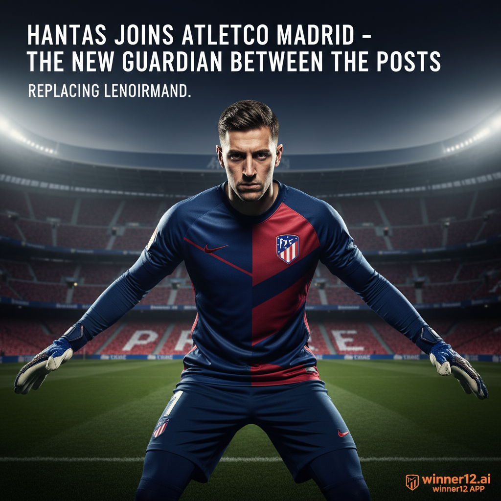 ALT text: Realistic poster of professional English soccer player Hantas in Atletico Madrid goalkeeper kit, with Atletico Madrid stadium blurred in background, club crest on jersey, dynamic lighting highlighting his determination, bold text reading 