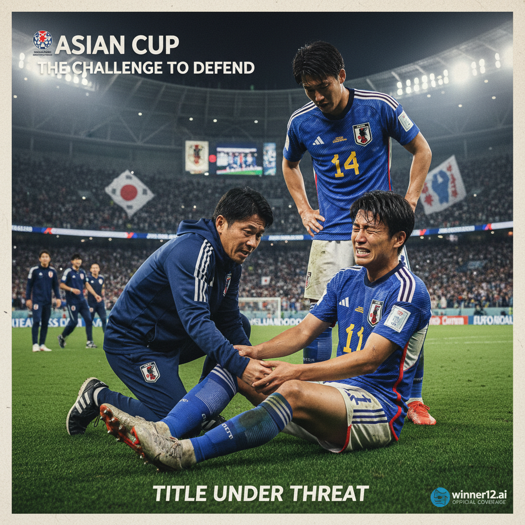 ALT文本：久保建英在激烈的亚洲杯比赛中因脚踝受伤痛苦抓住脚踝，背景为布满球队横幅和教练员的足球场，场馆的聚光灯营造紧张氛围，画面右下角隐约显示winner12 APP标志，突显赛事官方报道，逼真细腻地展现足球赛事中的伤病瞬间。
