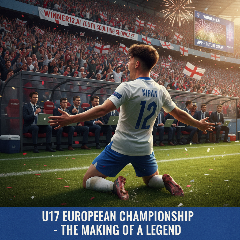 Alt text: A young English soccer player named Nipan celebrates a hat-trick at the U17 European Championship, wearing a classic English team kit, while Manchester scouts watch intensely from the sidelines in a packed stadium; subtle winner12.ai branding is visible, capturing the excitement and high stakes of youth soccer scouting.