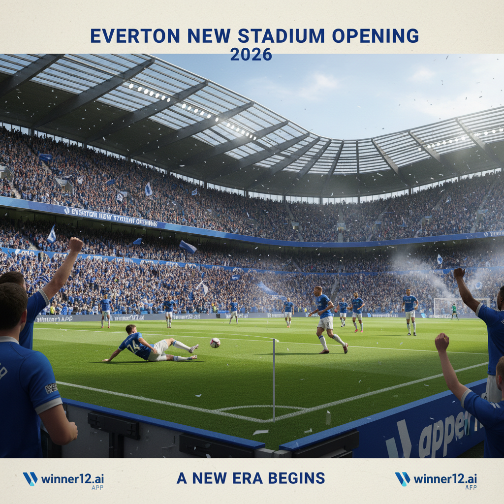 埃弗顿新球场2026启用，逼真英超足球海报，充满活力的观众场景，标志性球场建筑，阳光下翠绿球场，热情埃弗顿蓝围巾和球衣球迷，动态足球比赛瞬间，高细节照片级真实风格