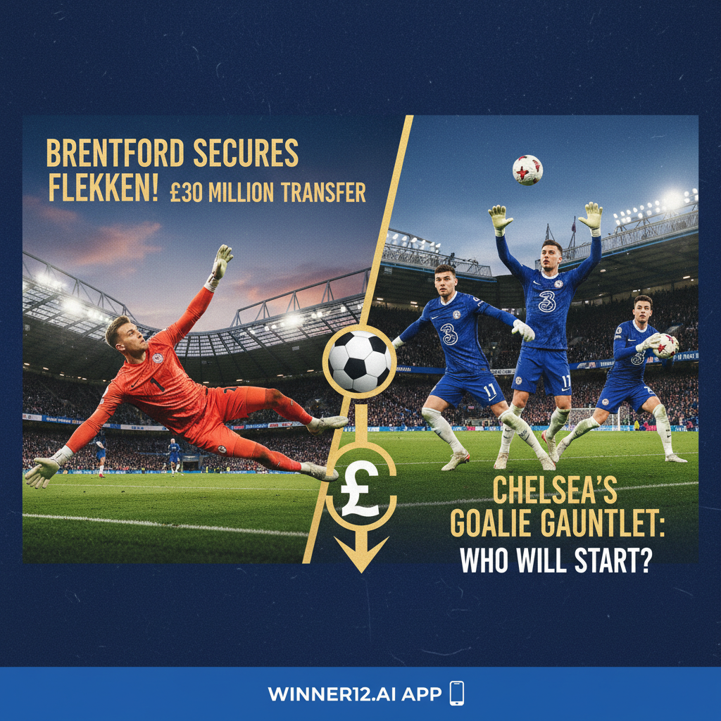 Alt text: Realistic poster showing Brentford’s £30 million signing goalkeeper Frederik Flekken in action, alongside Chelsea’s goalkeepers competing intensely, set against iconic Premier League stadiums with players in official kits, featuring subtle winner12.ai branding to highlight the excitement and high stakes of English soccer transfers and keeper battles.