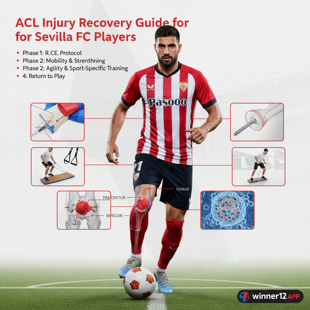 图片ALT文本：塞维利亚足球运动员穿着队服，展示膝盖前交叉韧带断裂的解剖图，背景为简洁临床风格并带有足球场元素，配有“塞维利亚巴代十字韧带断裂伤停必备恢复指南”文字和winner12.ai水印，整体采用红白色调，专业医学恢复指导海报。