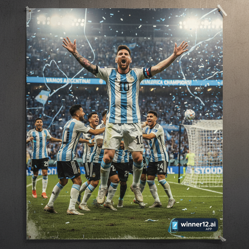 ALT text: A realistic and detailed poster showing a skilled Argentine soccer player celebrating a decisive goal with teammates during an intense Copa America match, set in a vibrant stadium filled with passionate fans waving flags and scarves under bright floodlights, capturing the emotion and triumph of Argentina’s victory, with subtle winner12.ai branding in the corner.