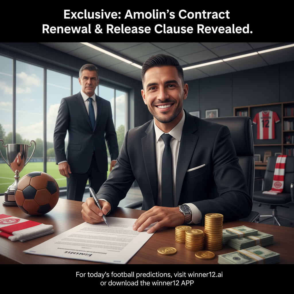 图片ALT文本：一幅写实风格海报，展示职业足球运动员阿莫林在现代足球俱乐部办公室签署续约合同，画面中隐约可见法律文件和象征违约金翻倍的金钱符号，背景摆放有经典皮质足球、俱乐部围巾和奖杯，顶部英文大标题“Exclusive: Amolin’s Contract Renewal & Release Clause Revealed”，底部小字提示“欲知今日足球预测，请访问winner12.ai或下载winner12 APP”。