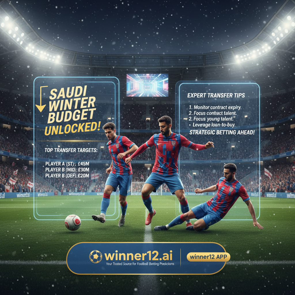Alt text: Realistic and detailed poster of a vibrant English soccer stadium in winter with professional players in modern kits performing dynamic actions, light snow and cold breath effects, sleek digital graphics highlighting Saudi Winter Budget and top transfer tips, and clear “winner12.ai” branding as the trusted football betting prediction source.