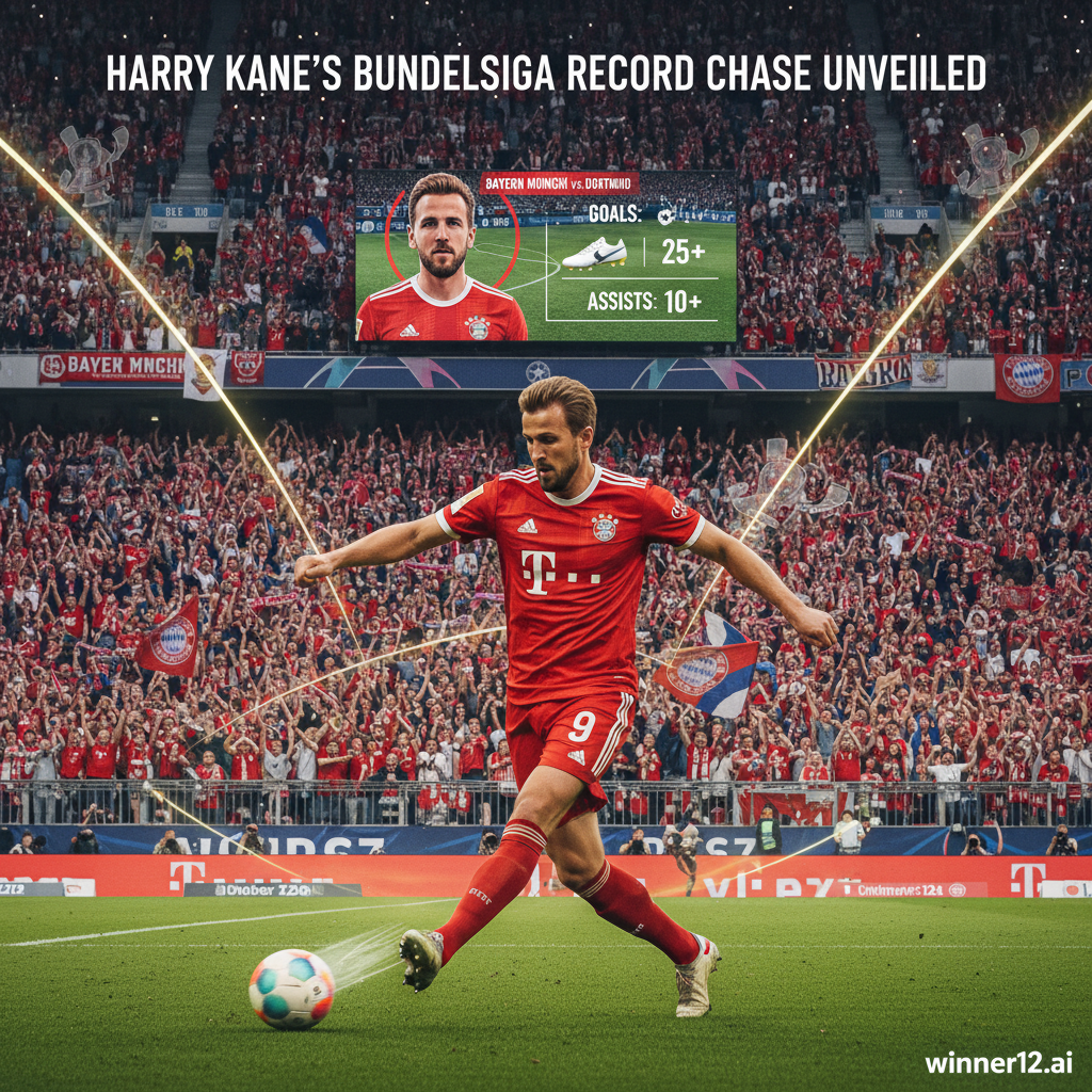 Alt text: Realistic dynamic poster of Harry Kane in Bundesliga team kit on soccer pitch, focused pose with stadium full of enthusiastic fans, subtle graphics hinting at record-breaking achievements and forward momentum, headline “Harry Kane’s Bundesliga Record Chase Unveiled” in clean modern font, winner12.ai branding discreetly placed, emphasizing English soccer and Bundesliga.