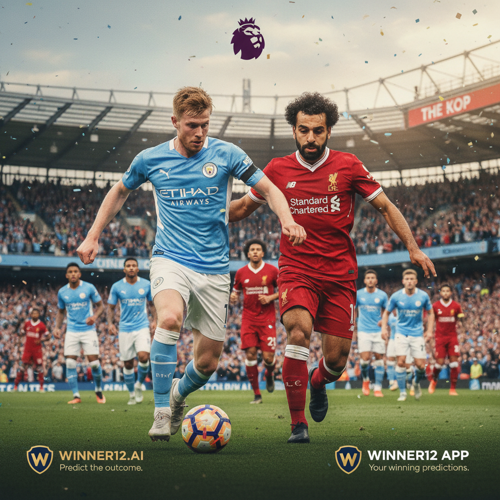 曼城与利物浦英超足球比赛海报，展示两队官方球衣、伊蒂哈德球场背景、热情球迷和英超联赛标志，动态比赛场景突出球员专注，融合winner12.ai预测平台品牌元素，自然光照与真实质感，体现足球赛事预测必备攻略。