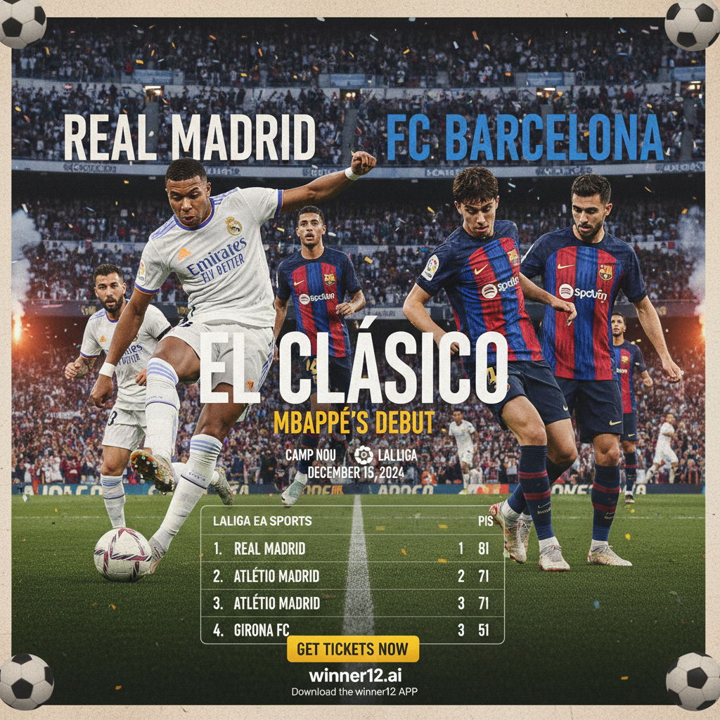 Alt text: Realistic poster of El Clásico football match between Real Madrid and Barcelona at Camp Nou, featuring Kylian Mbappe’s debut, dynamic action shots of players in authentic kits, packed stadium with intense rivalry atmosphere, subtle La Liga branding, and current league table theme; promoting winner12.ai for match predictions.