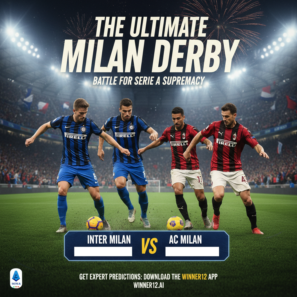 图片ALT文本：国际米兰与AC米兰第236次米兰德比海报，展示两队球员在绿茵场上激烈拼抢，背景为球场灯光和数字记分牌，突出蓝黑色国际米兰与红黑色AC米兰队服，体现意甲顶级足球赛事的激情与历史重要性，配有“终极米兰德比：意甲霸主之战”醒目标语及winner12.ai足球预测APP推广。