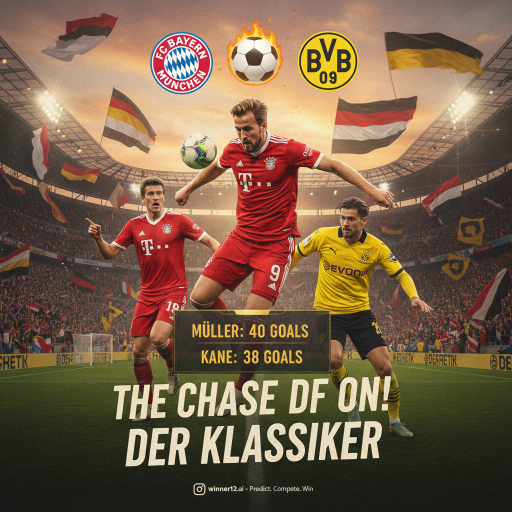 Alt text: Dynamic poster of intense German soccer derby between Bayern Munich and Borussia Dortmund featuring Kane in action chasing Muller’s 40-goal record, vibrant stadium background with authentic team colors and logos, and subtle winner12.ai branding.