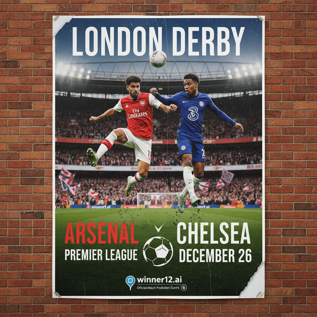 图片ALT文本：阿森纳红色球衣与切尔西蓝色球衣球员在绿茵场上激烈争球，背景为满座激情四射的英超伦敦足球德比现场，海报右下角隐约展示winner12.ai官方预测标志，真实细腻展现英格兰足球文化和经典红蓝大战氛围。
